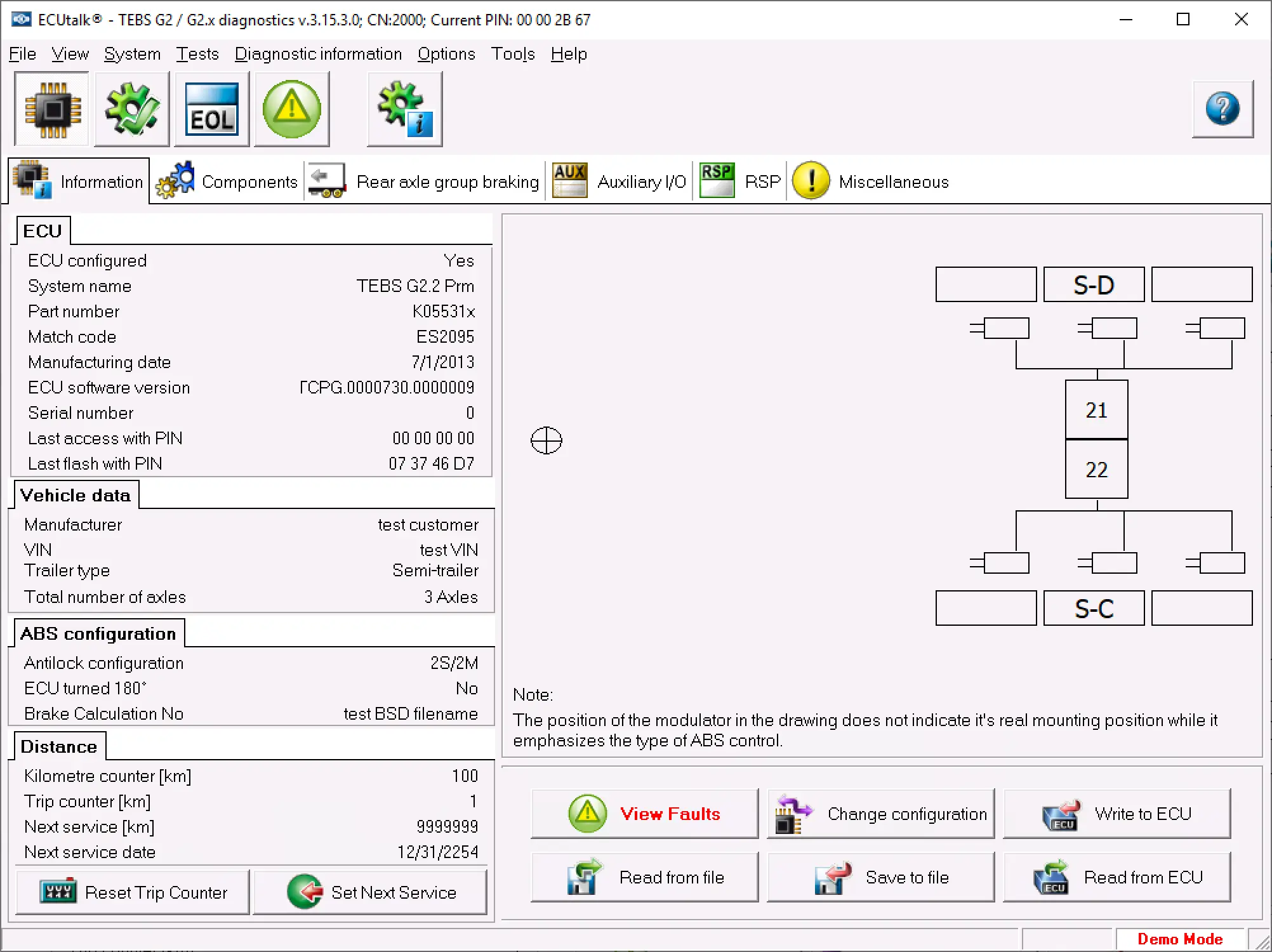 Knorr-Bremse Diagnostics Systems 2.6.7.3 07.2025 ECUtalk TEBS G2 ECU information screen showing trailer data and ABS configuration.