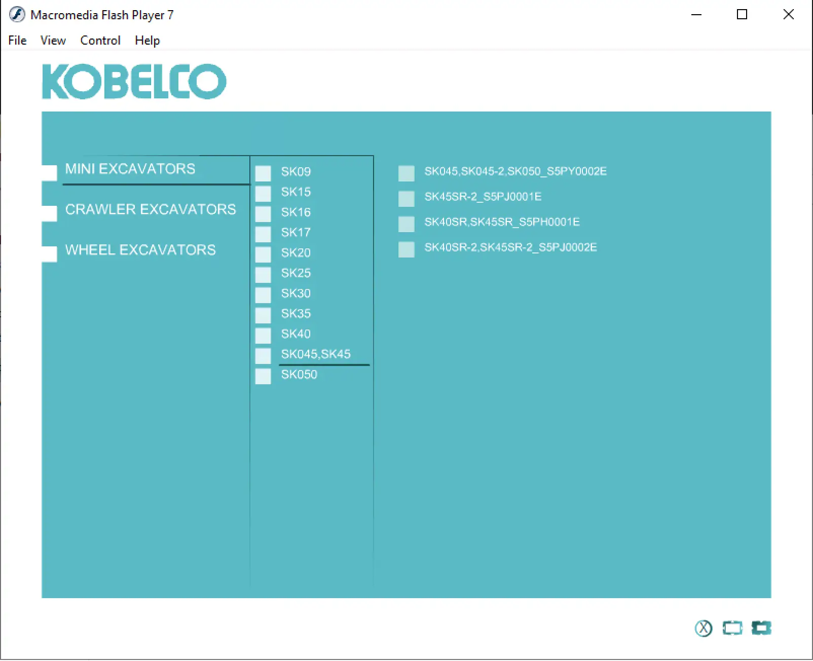 Kobelco manual DVD viewer on Flash Player 7 showing mini excavator model list with book codes for service and repair PDFs.