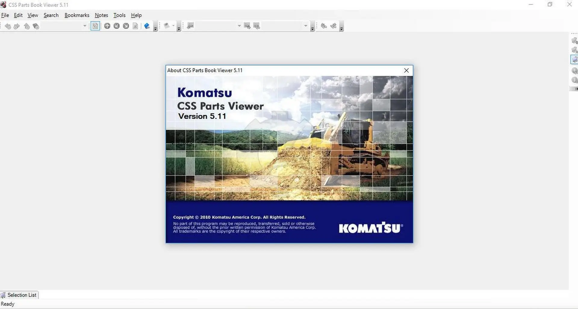 Komatsu CSS Parts Book Viewer v5.11 splash screen for LinkOne EPC parts catalog use.