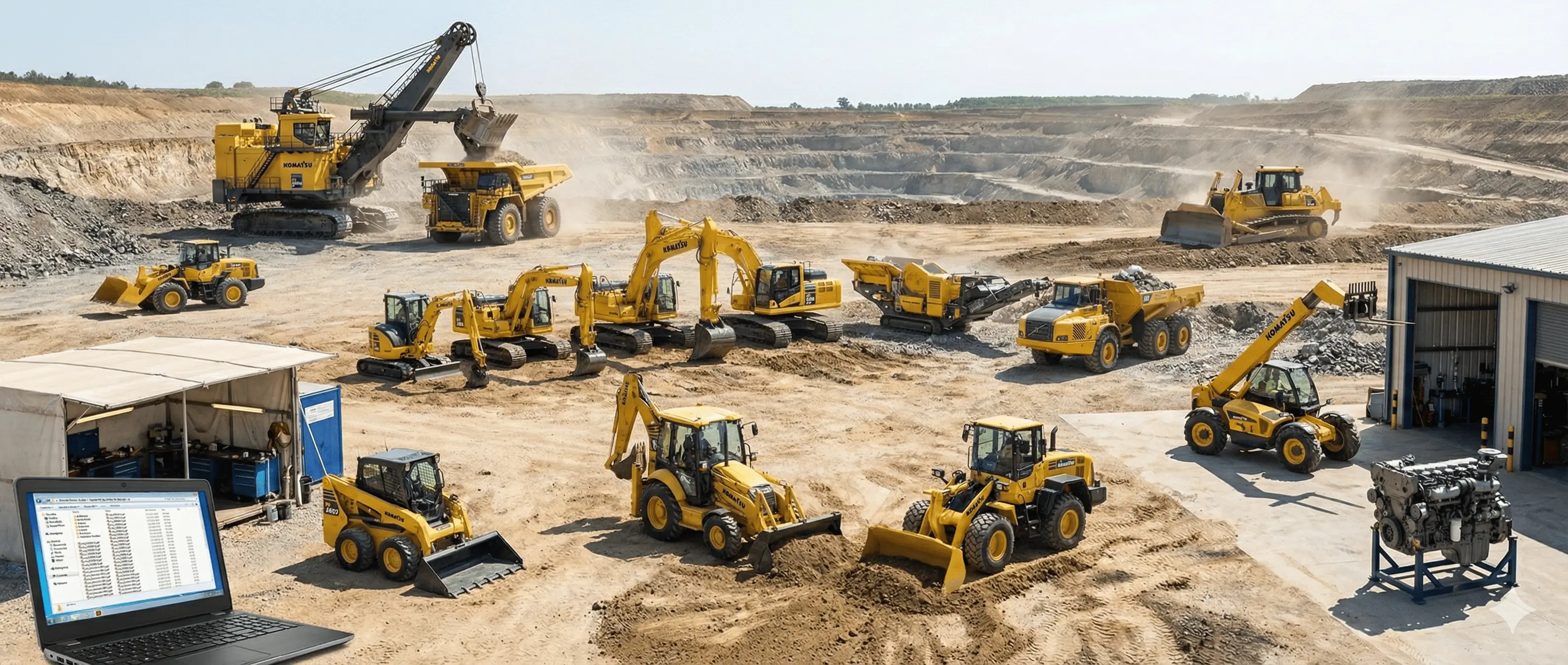 Komatsu heavy equipment fleet with excavators bulldozers loaders dump trucks and telehandlers for multiseries service manuals collection