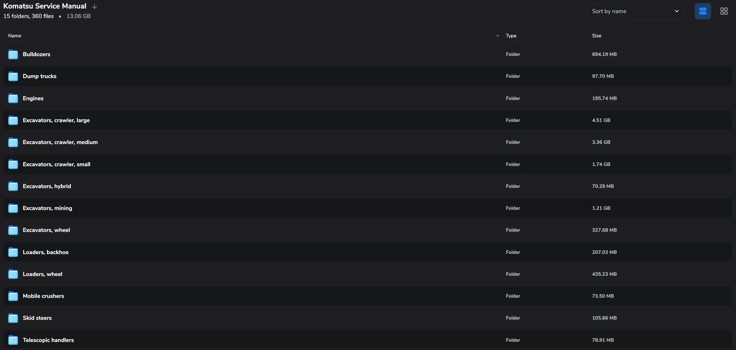 Komatsu service manual multiseries pack showing folder structure for engines excavators bulldozers dump trucks and loaders