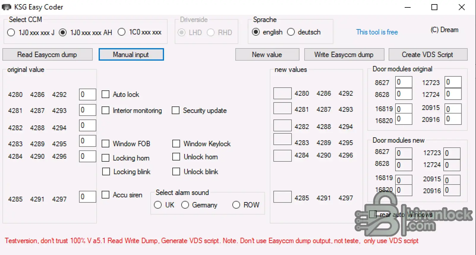 KSG Easy Coder v5.1 interface for VAG CCM comfort module coding, door module values, and VDS Pro script generation.
