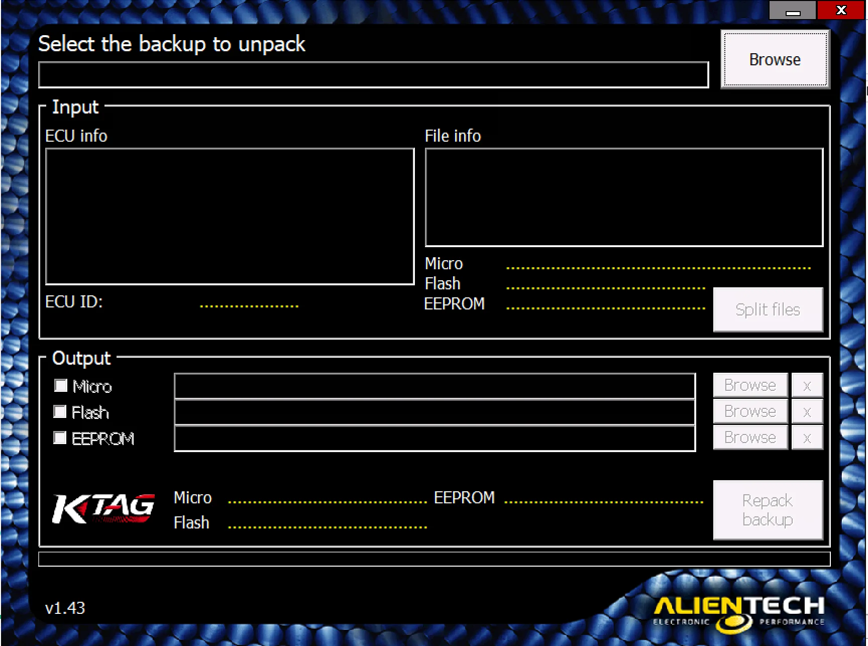 KTag Backup Manager v1.43 showing unpack options for Micro Flash and EEPROM with repack