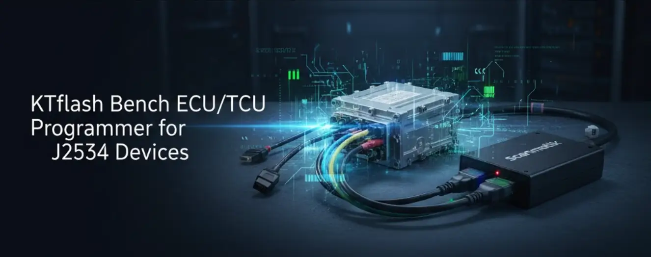 A wide, horizontal, high-tech banner for KTflash Bench ECU/TCU Programmer. It features a modern, silver ECU module connected via colorful cables to a black J2534 Scanmatik device, all set against a dark, futuristic background with abstract glowing blue and green data streams. The setup is presented on a bench, highlighting its use for off-vehicle programming. The text 'KTflash Bench ECU/TCU Programmer for J2534 Devices' is prominently displayed on the left.