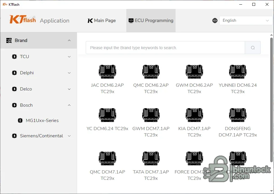 KTflash ECU Programming screen with TCU, Delphi, Delco, Bosch and Siemens Continental protocol groups