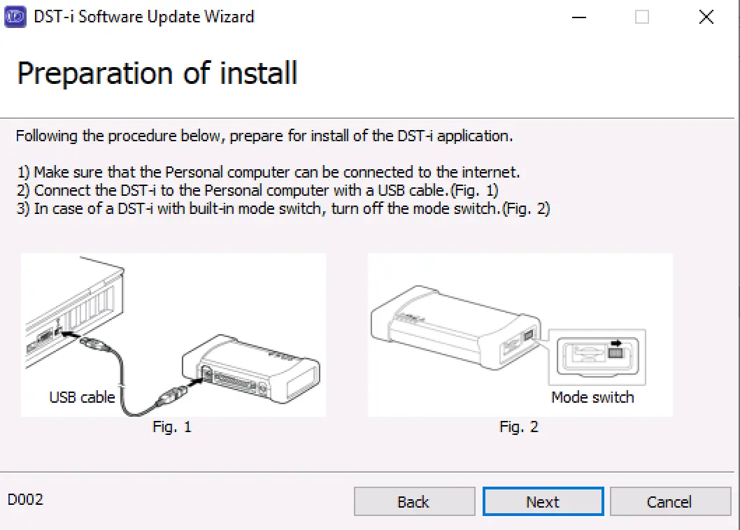 DST-i Software Update Wizard showing USB connection and mode switch steps.