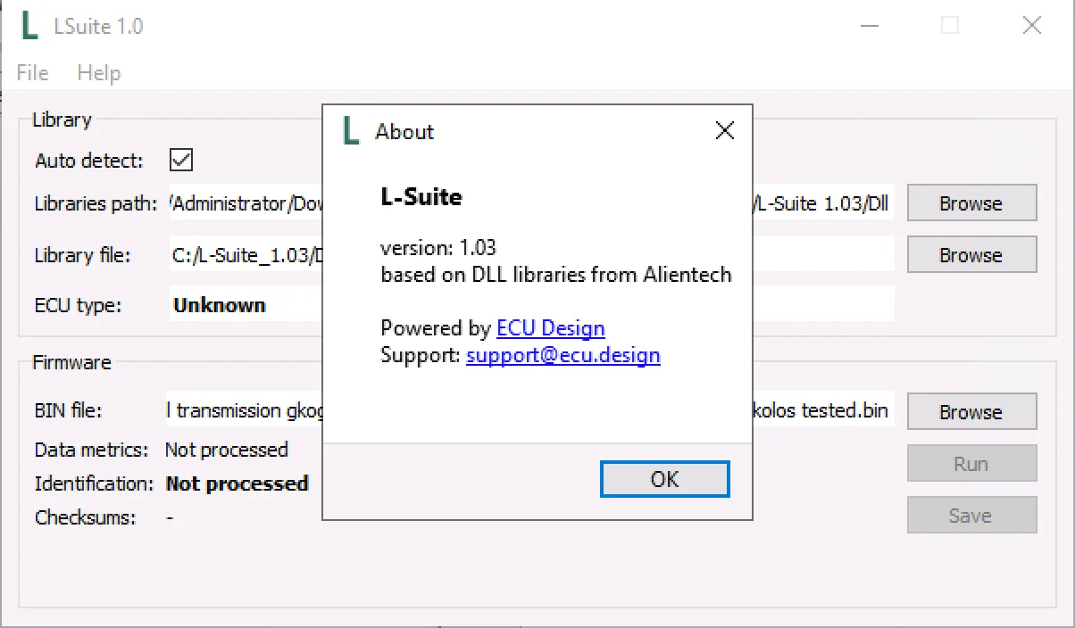 L-Suite v1.03 About window showing ECU library pack and application details