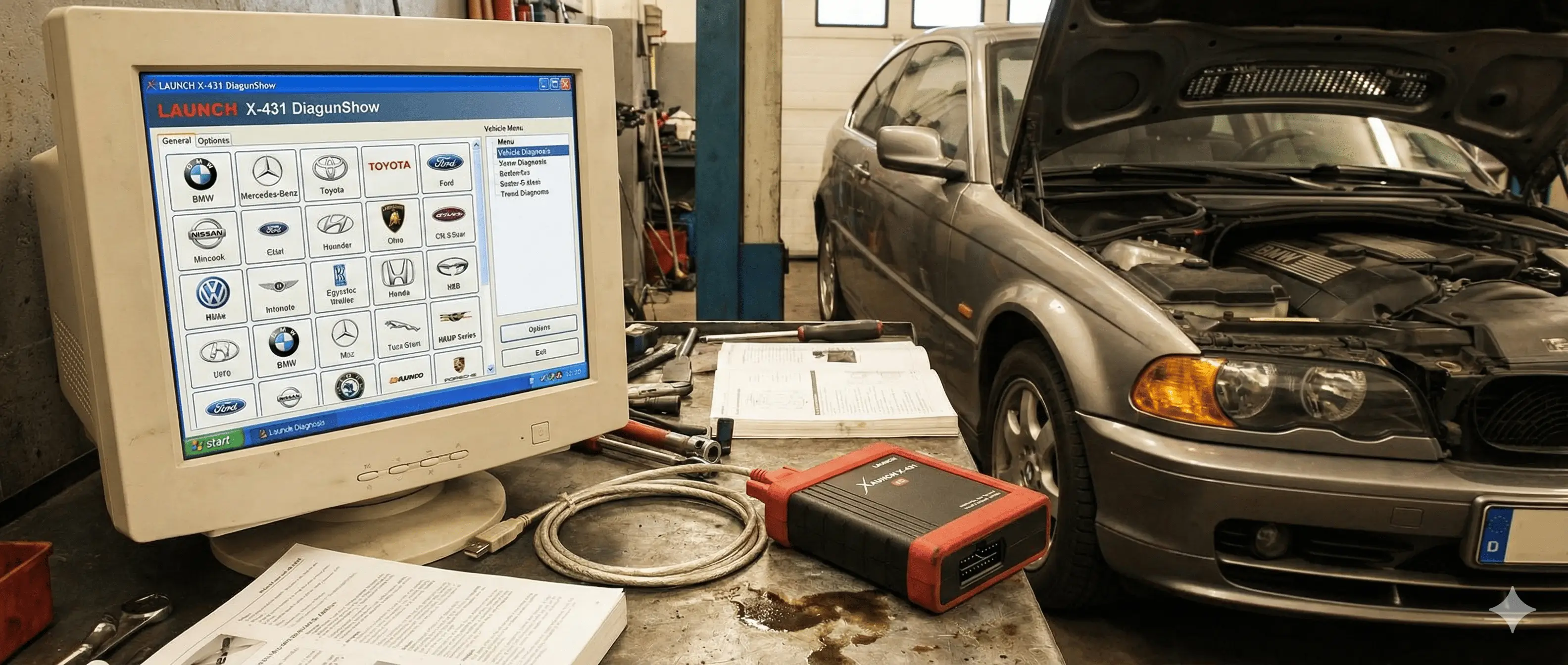 LAUNCH X-431 DiagunShow 2014.10 on a workshop PC with interface unit and vehicle connected for diagnostics.