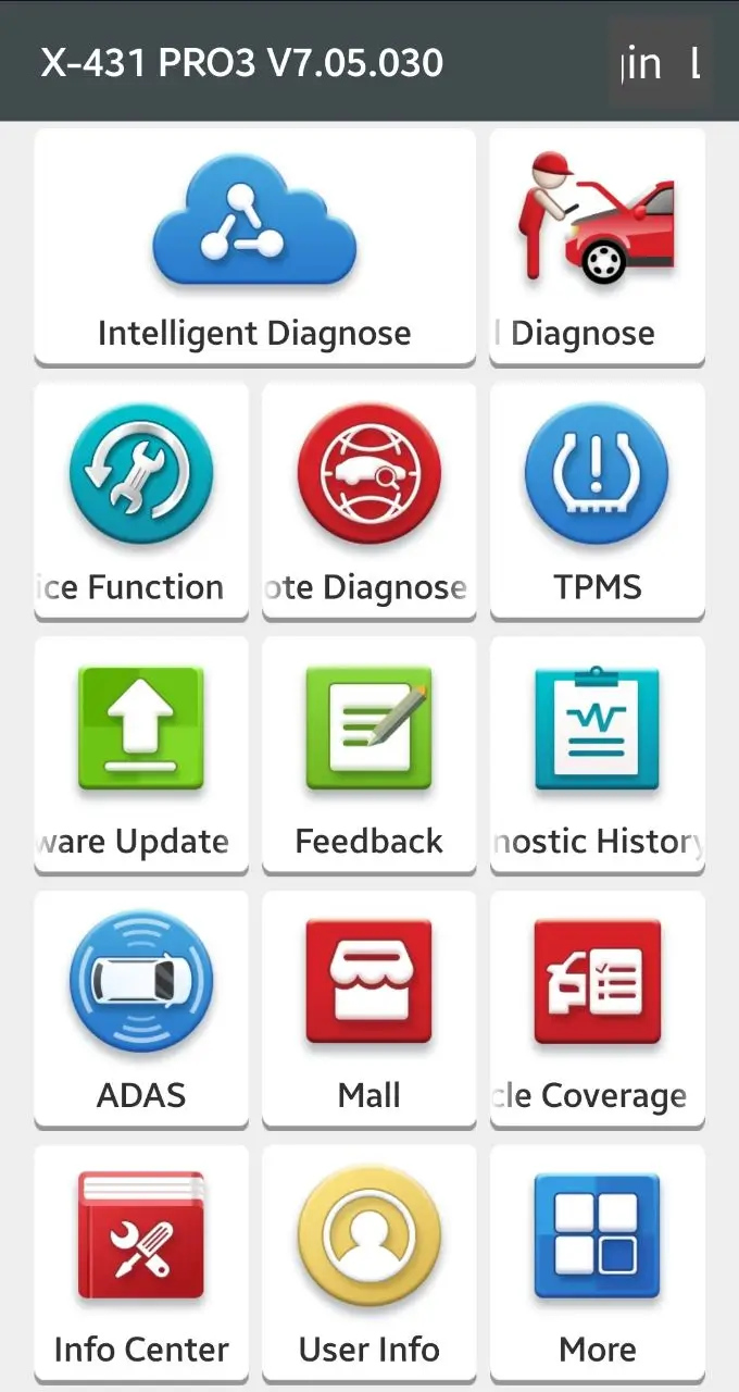 Launch X431 PRO3 V7.05.030 settings page on Android tablet showing units, printer, display order and auto update options.