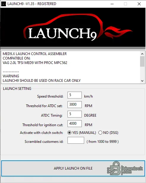 Launch9 MED9 file editor showing speed, ignition timing, RPM threshold, clutch switch and customer ID settings