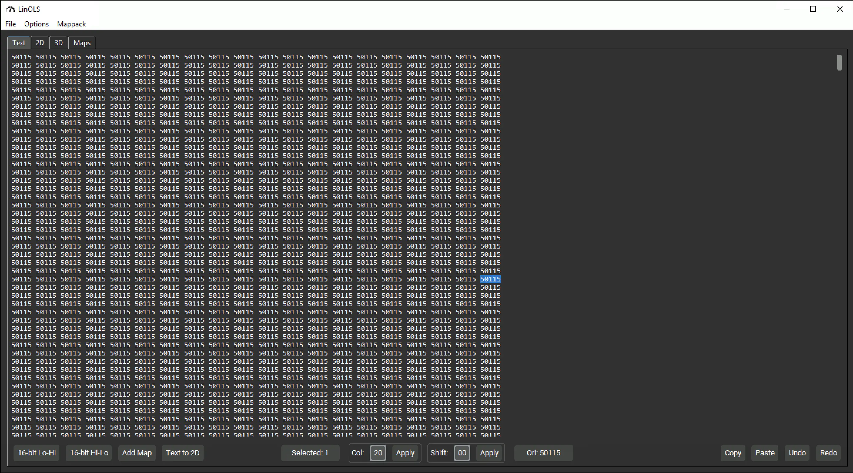 LinOLS chiptuning editor in Text/Hex view showing editable calibration cells