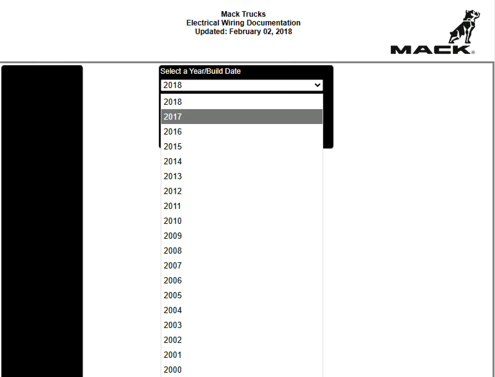 Mack Electrical Wiring Documentation 2018 year and build date selector screen for wiring diagrams.