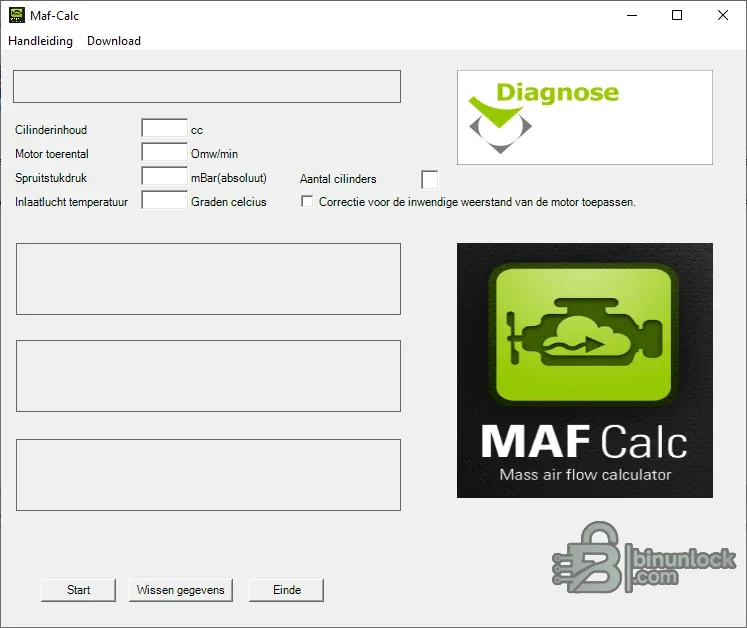 MAF-Calc interface with engine displacement, RPM, manifold pressure, temperature and cylinder inputs