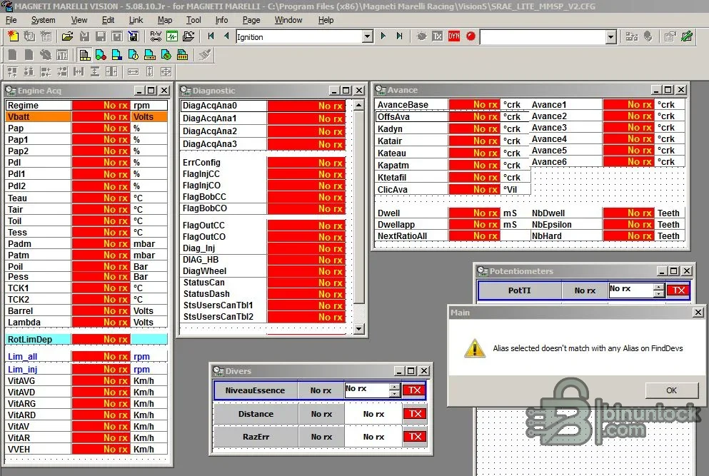 Magneti Marelli Vision workspace with engine acquisition, diagnostics, ignition advance, drivers and potentiometer channels