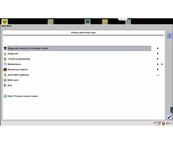 MAN Cats II v12–v14.01 main menu with diagnostic memory, programming, and maintenance options