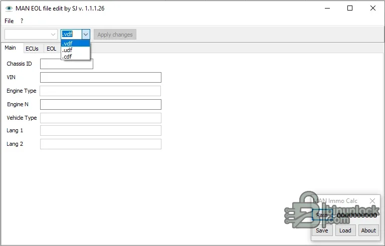 MAN EOL file editor with VDF, UDF and CDF selection plus the MAN immobilizer calculator window