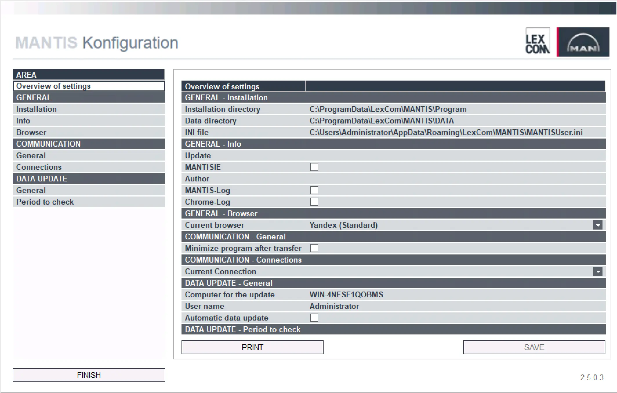 MAN MANTIS 10.2025 configuration overview with install paths and communication settings for offline EPC parts catalog.