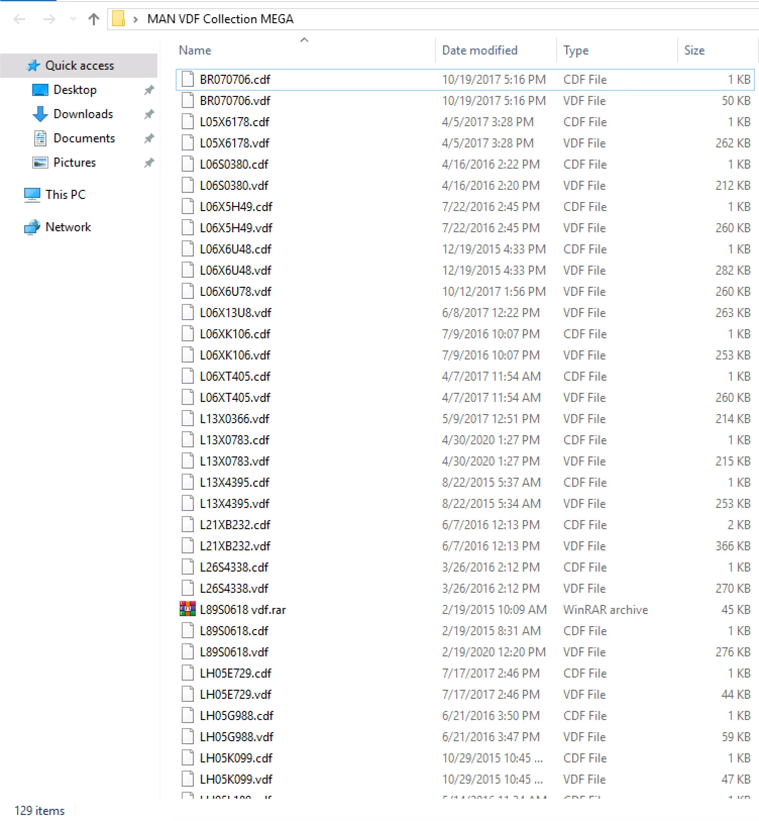 Windows folder view of the MAN VDF/CDF collection showing variant and calibration datasets (about 129 items) with sample file names.