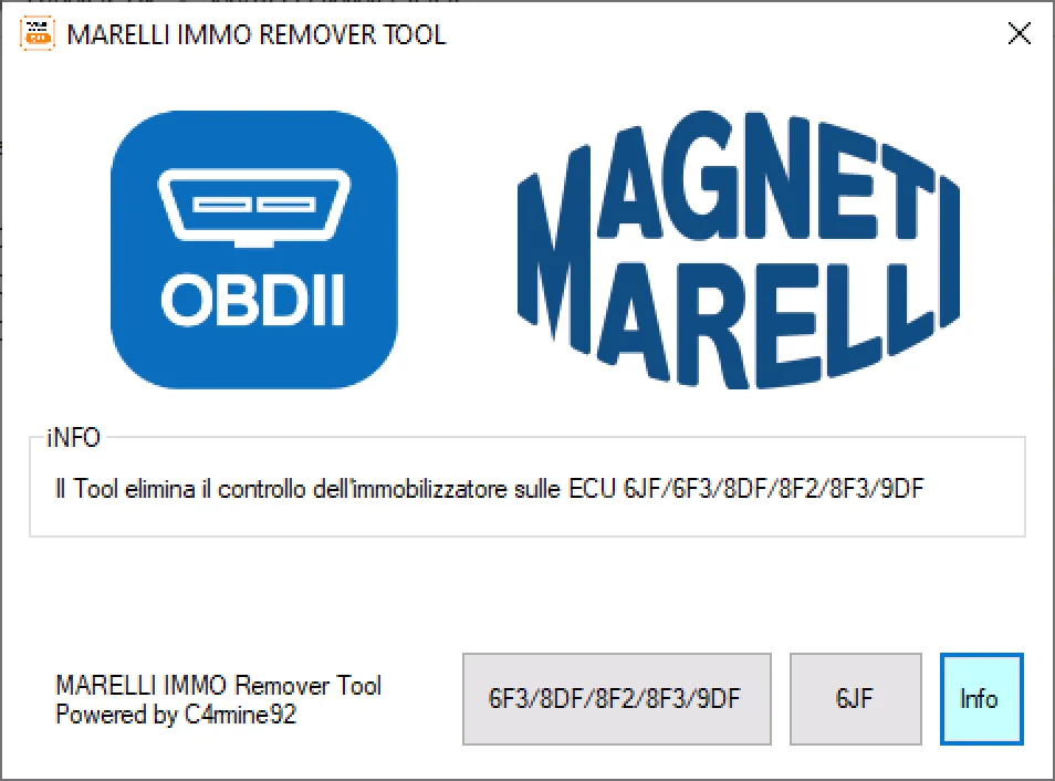 MARELLI IMMO Tool v2020.09 interface with OBDII layout and ECU family selection for 6JF, 6F3, 8DF, 8F2, 8F3, and 9DF.