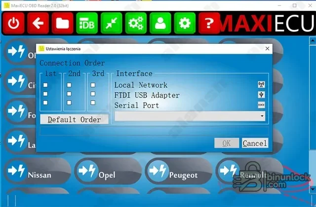 MaxiECU2 connection settings for local network, FTDI USB adapter and serial-port interfaces