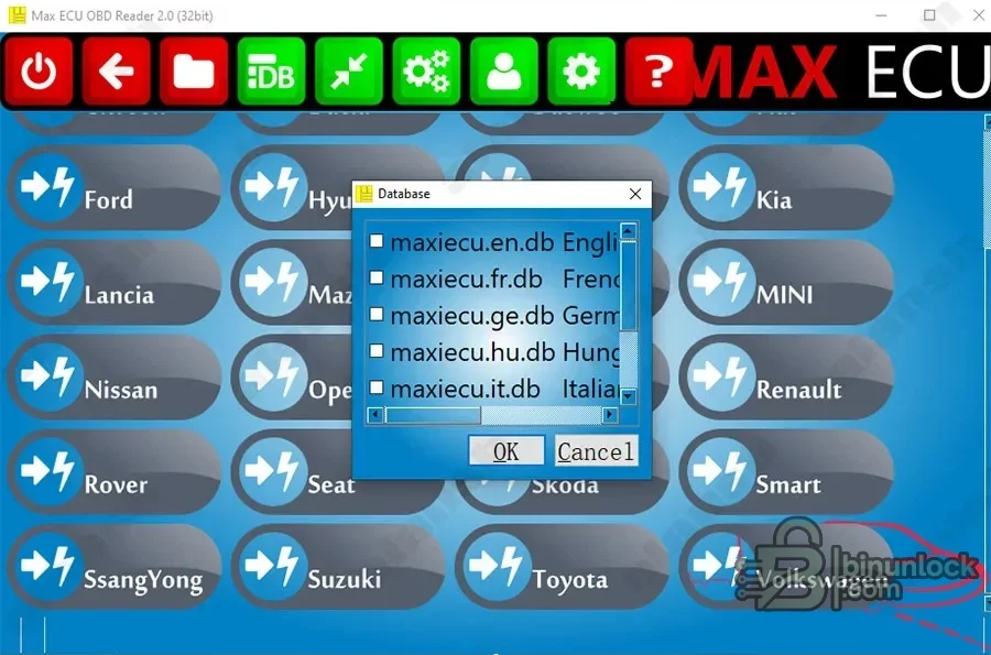 MaxiECU2 interface with multi-brand vehicle selection and diagnostic database language choices