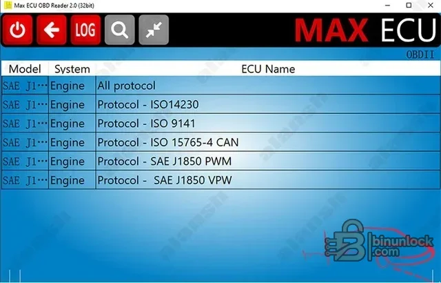 MaxiECU2 OBD protocol list with ISO 14230, ISO 9141, ISO 15765 CAN and SAE J1850 options