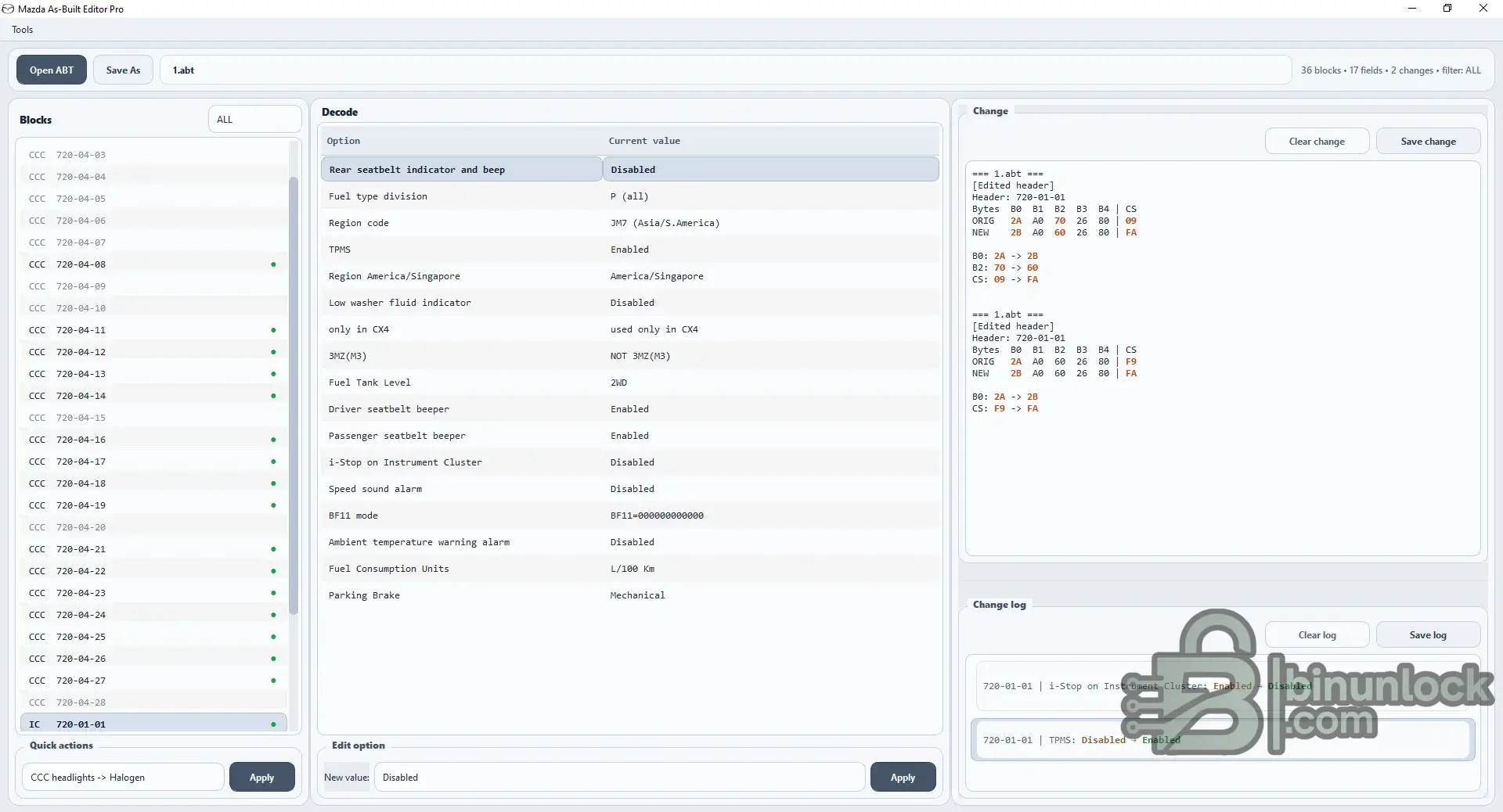  Mazda As-Built Editor Pro showing ABT blocks, decoded vehicle configuration options, current values, byte changes, checksum updates and change log.
