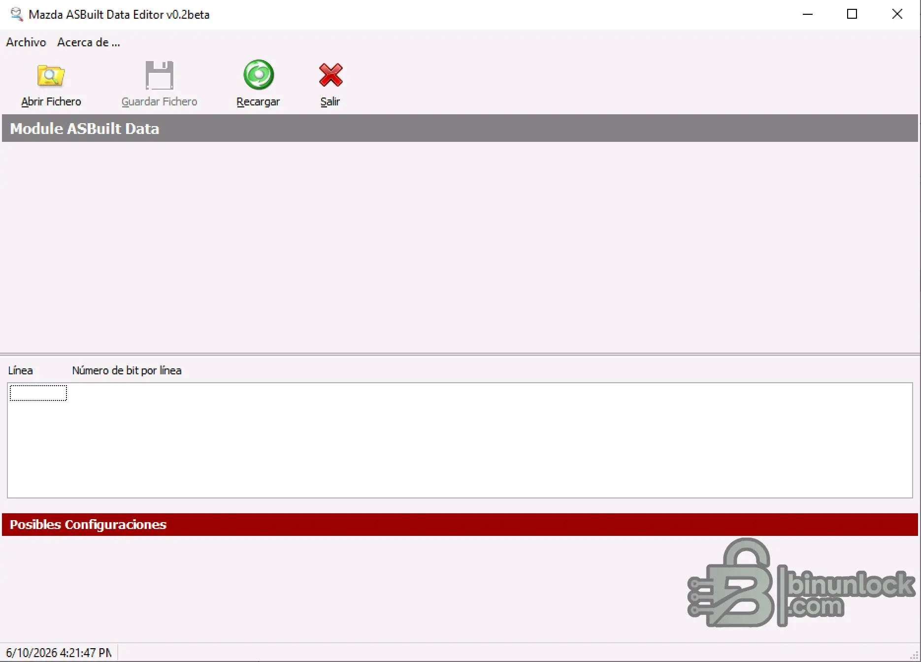 Mazda ASBuilt Data Editor v0.2beta interface showing module configuration lines and bit modification options.