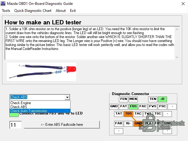 Mazda OBD-I guide showing the diagnostic connector, LED tester wiring and selectable vehicle systems