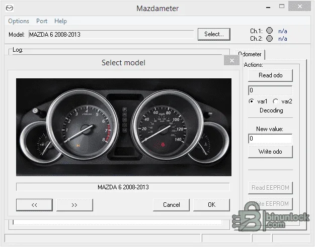 MazdaMeter interface with Mazda 6 model selection and odometer and EEPROM read and write controls