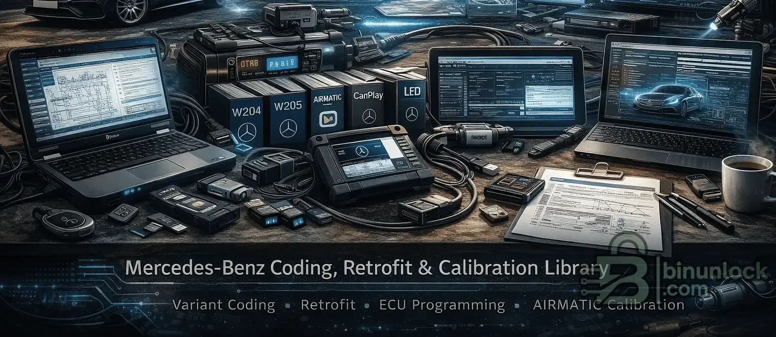 Mercedes-Benz coding, retrofit & calibration library banner for Xentry, Vediamo & DTS Monaco (W204–W222), incl. AIRMATIC, LED/CarPlay and variant coding.