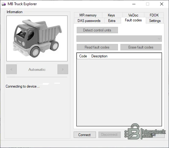 MB Truck Explorer interface with MR memory, keys, VeDoc, FDOK, DAS password and fault-code tabs