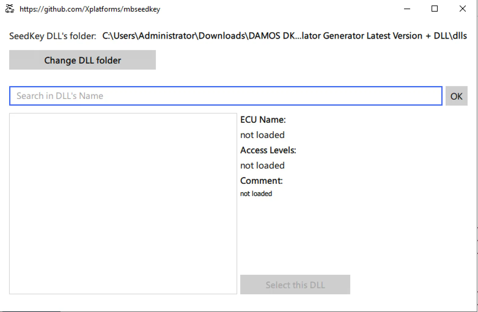 MBSeedKey v1.0.003 interface showing SeedKey DLL folder selection, DLL name search, ECU name, and access levels panel.
