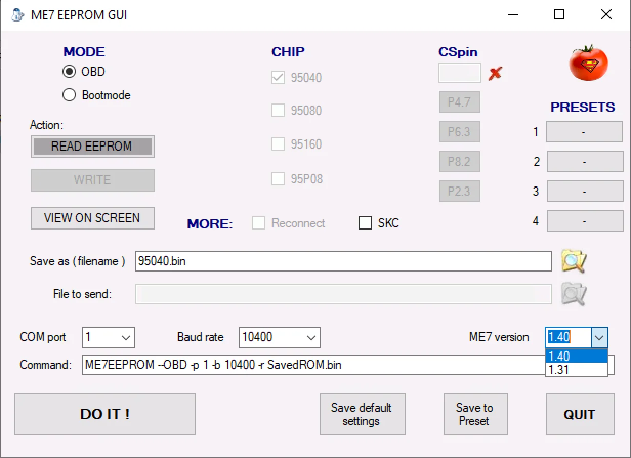 ME7 EEPROM GUI v1.0 interface showing OBD mode chip selection and protocol options