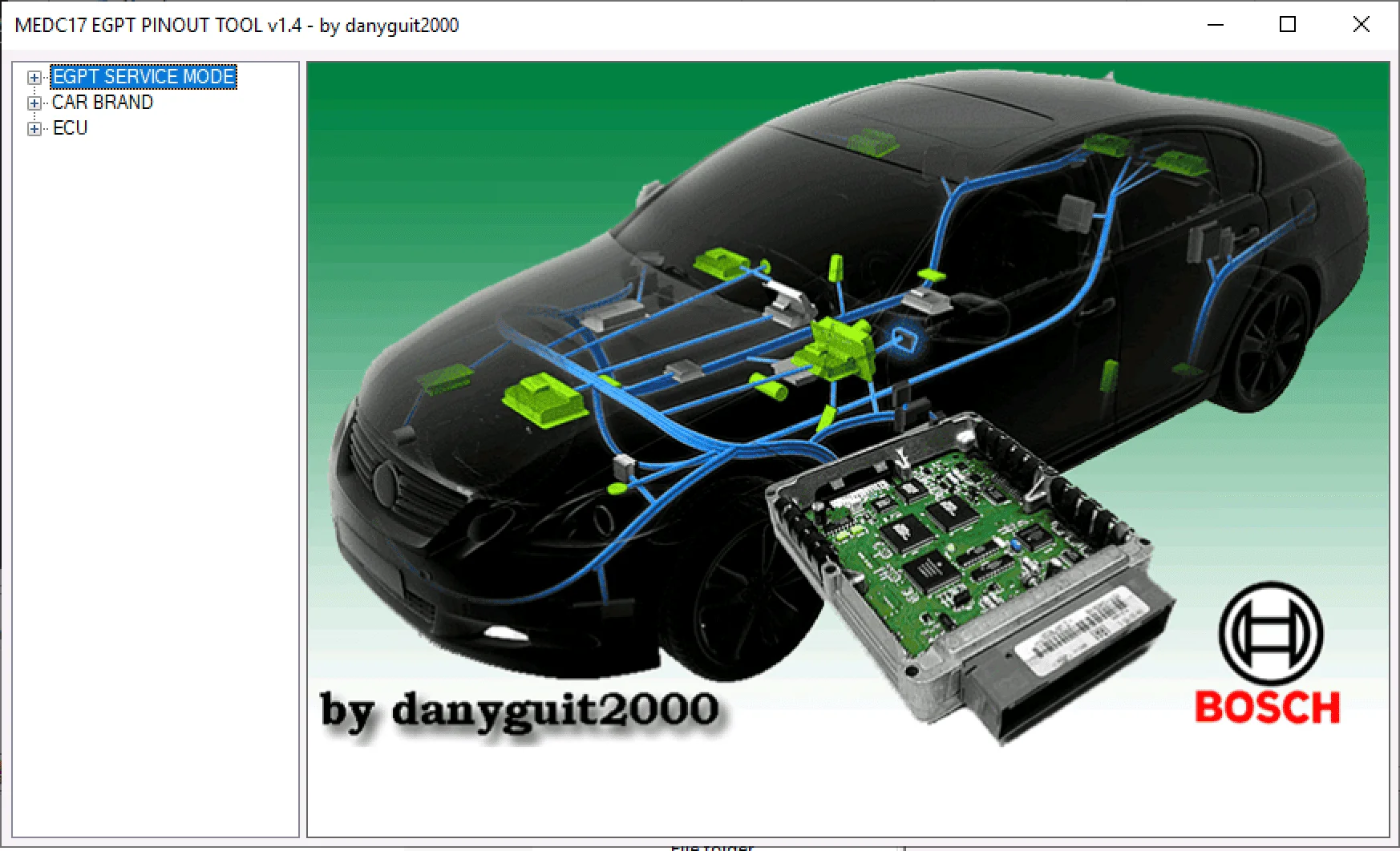MEDC17 EGPT Pinout Tool v1.4 main screen with service mode and brand tree