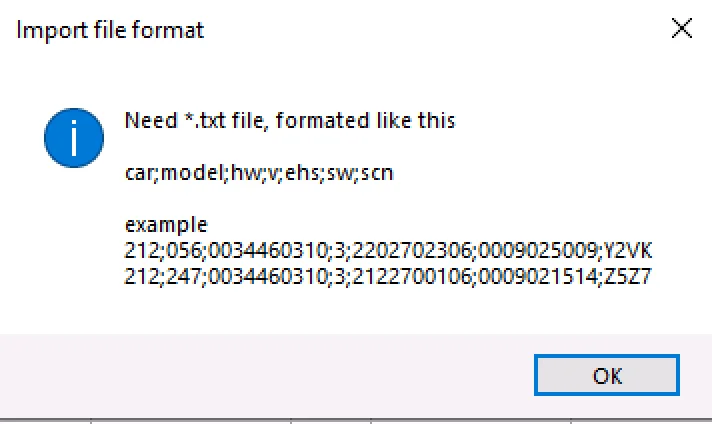 Mercedes 7G SCN v1.0 TXT import format showing required fields for database loading