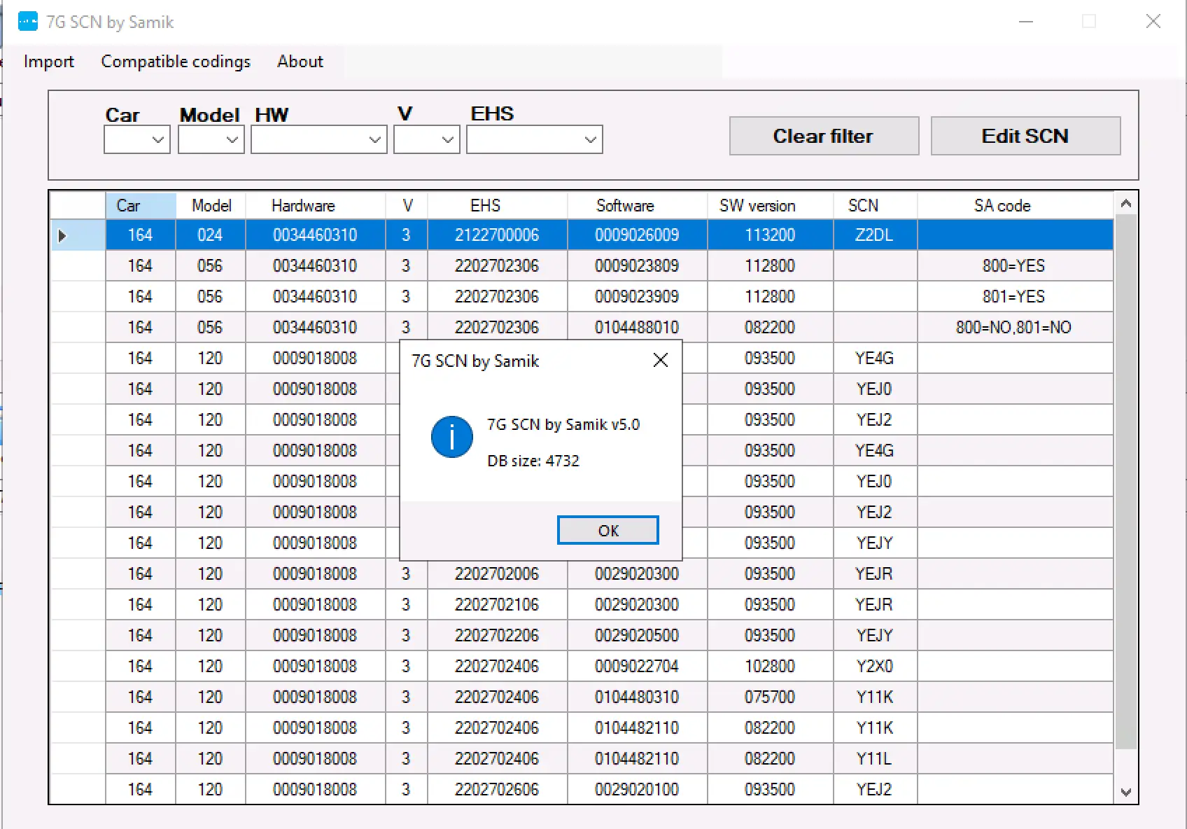 Mercedes 7G-Tronic 722.9 SCN Data Browser v5.0 showing offline SCN lookup table with Car, Model, HW, V, EHS filters plus VGS/TCM software, SW version, SCN strings and SA code columns