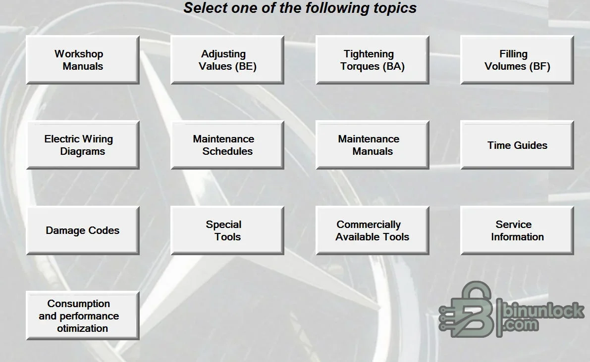 Mercedes-Benz service literature topic menu with workshop manuals, wiring, torques, filling volumes, maintenance, labor times, damage codes and tools