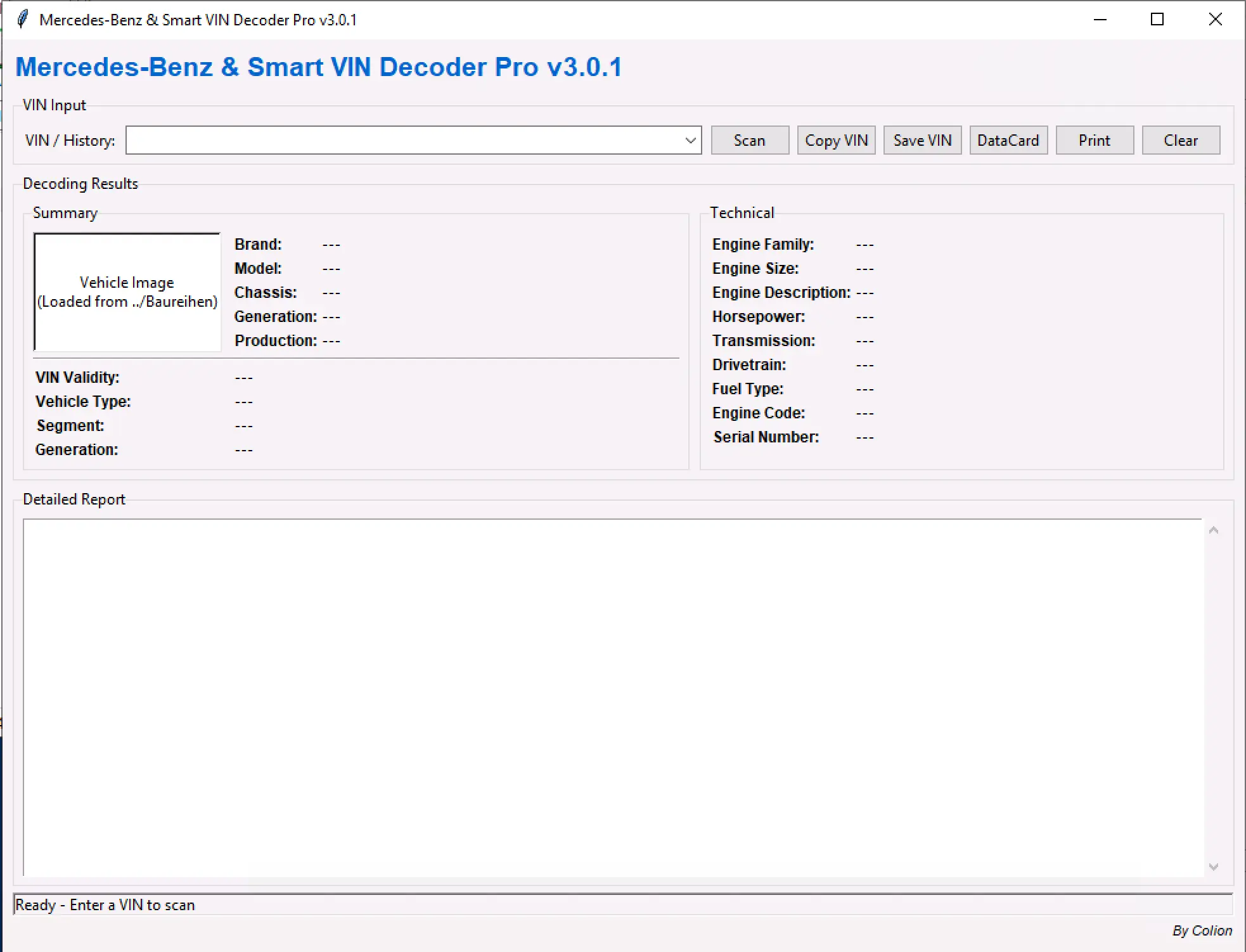 Mercedes-Benz & Smart VIN Decoder Pro v3.0.1 main window showing VIN input field, decoding results and detailed report area.