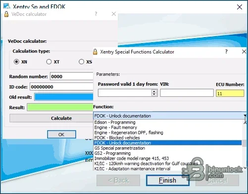Mercedes VeDoc and Xentry special-functions calculators showing random number, ID code, VIN, ECU number and protected operation list