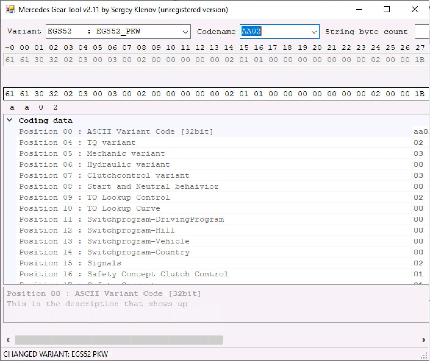 The main interface of Mercedes Gear Tool v2.11, showing the decoded coding string parameters for an EGS52 (5G-Tronic) TCU.