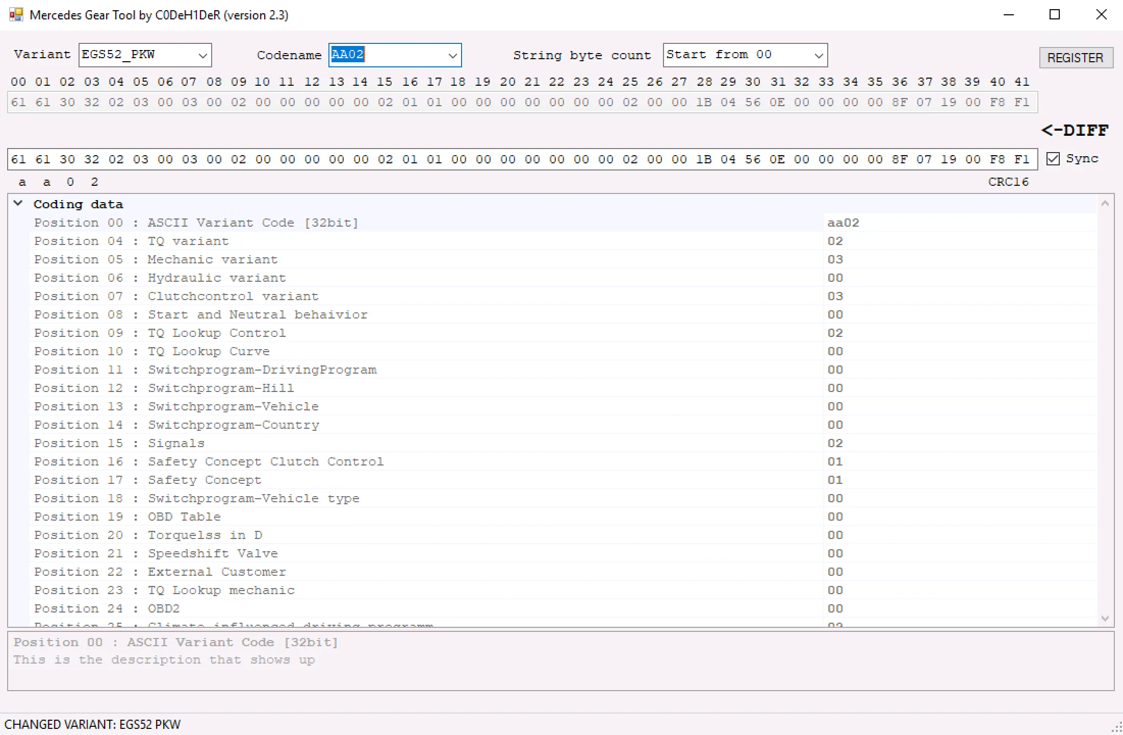 Mercedes Gear Tool v2.3 interface showing EGS52 PKW variant coding with hex byte editor, DIFF sync and parameter list.
