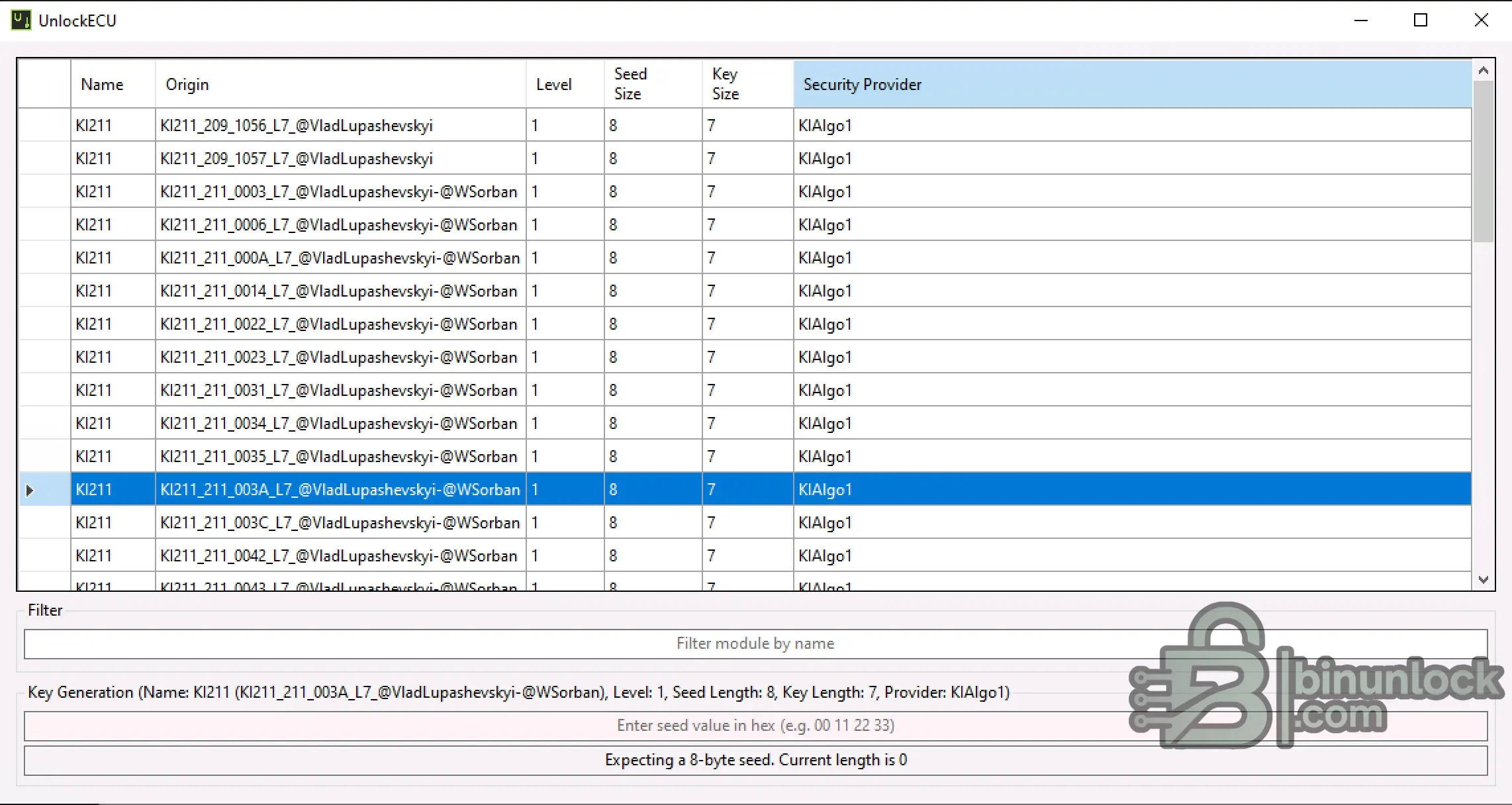 Mercedes KI211 Seed Key Calculator interface showing module selection and hexadecimal seed input field for security access level 1.