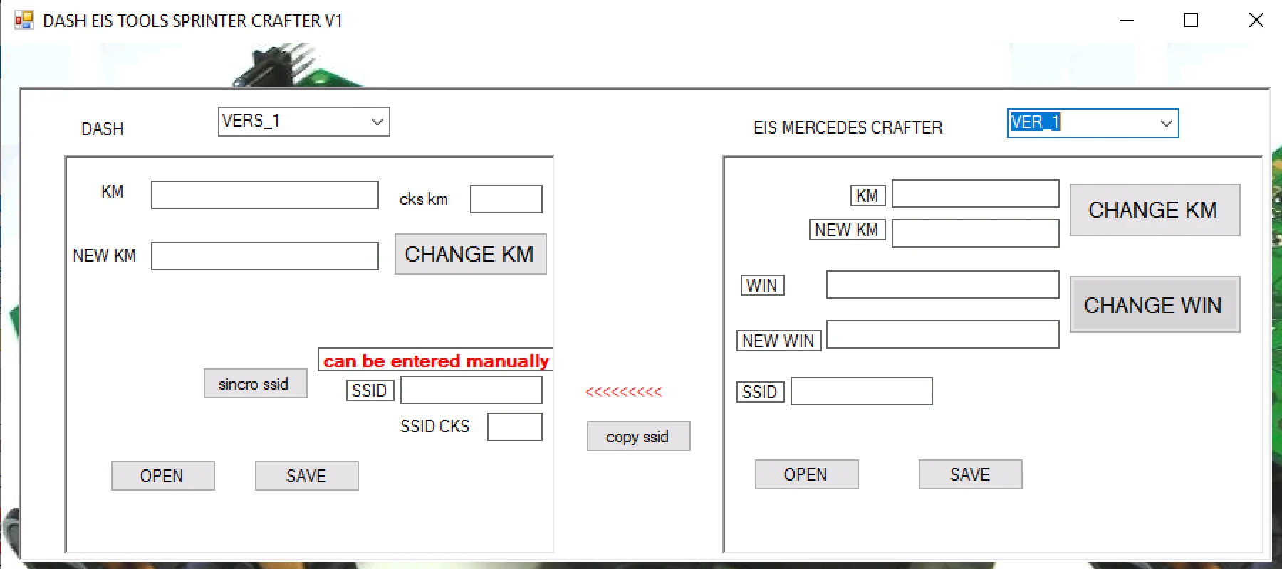 The user interface of the DASH EIS Tools for Sprinter and Crafter, a software for editing mileage, VIN, and synchronization data in the instrument cluster and electronic ignition switch.