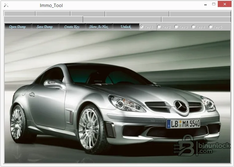 Mercedes and VAG immobilizer tool interface with dump, key creation, hexadecimal view and unlock controls