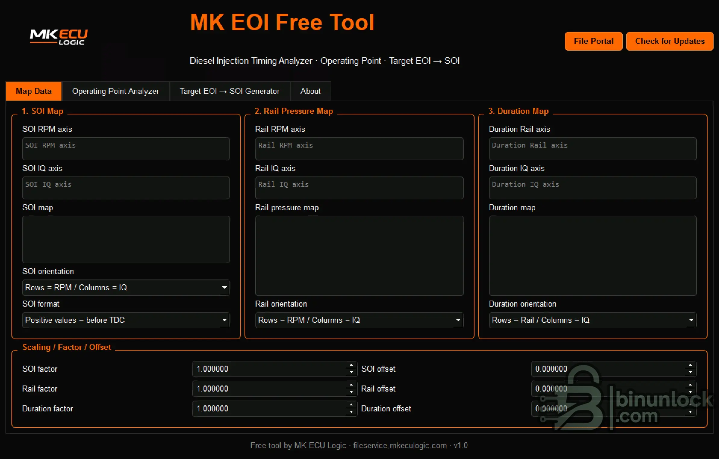 Main Map Data tab of the MK EOI Tool showing input configurations for SOI, Rail Pressure, and Duration maps.