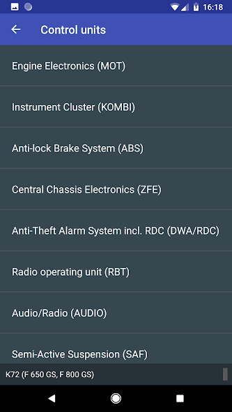 MotoScan control units: Engine Electronics (MOT), KOMBI cluster, ABS, ZFE chassis, DWA/RDC alarm and SAF suspension.