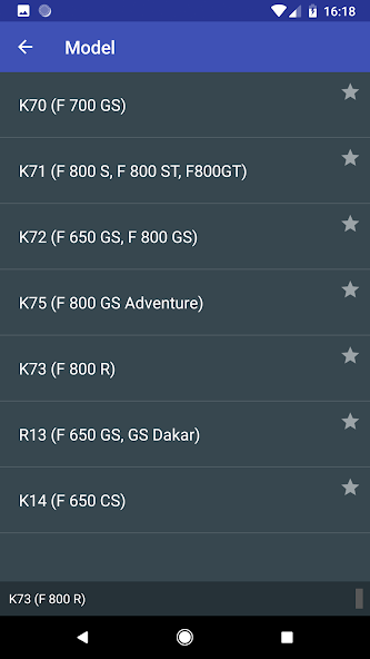MotoScan model picker listing K70 F 700 GS, K71 F 800 S/ST/GT, K75 F 800 GS Adventure and others.