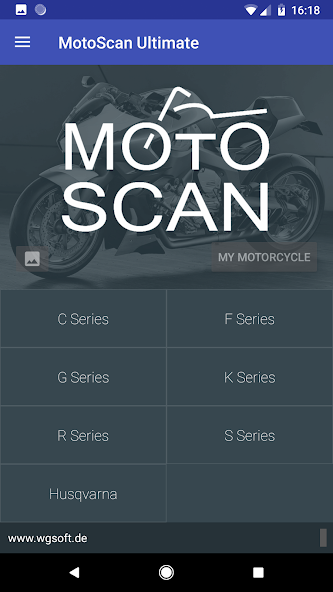 MotoScan Ultimate home screen showing BMW motorcycle series C, F, G, K, R, S and Husqvarna.