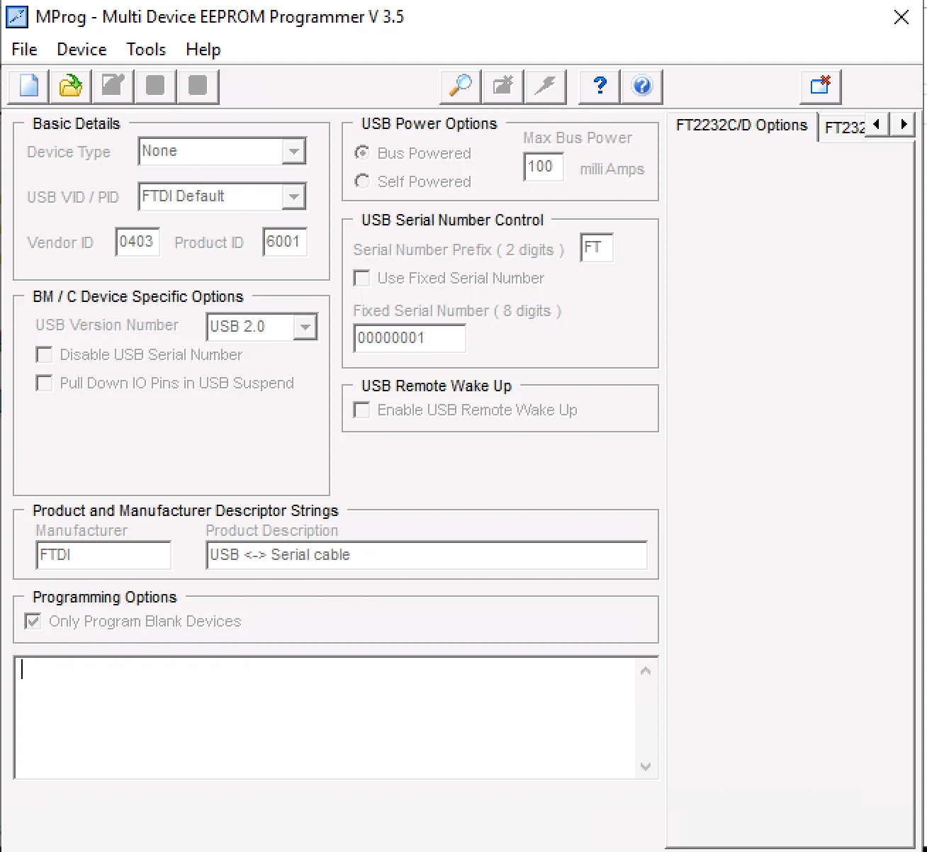 MProg v3.5 FTDI EEPROM programmer interface with descriptor and serial settings